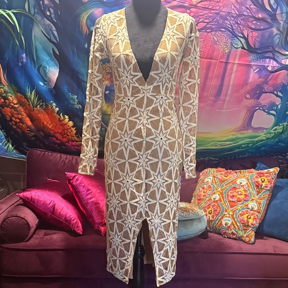 For Love And Lemons White nude lace Star Long Sleeve Dress sparkle evening